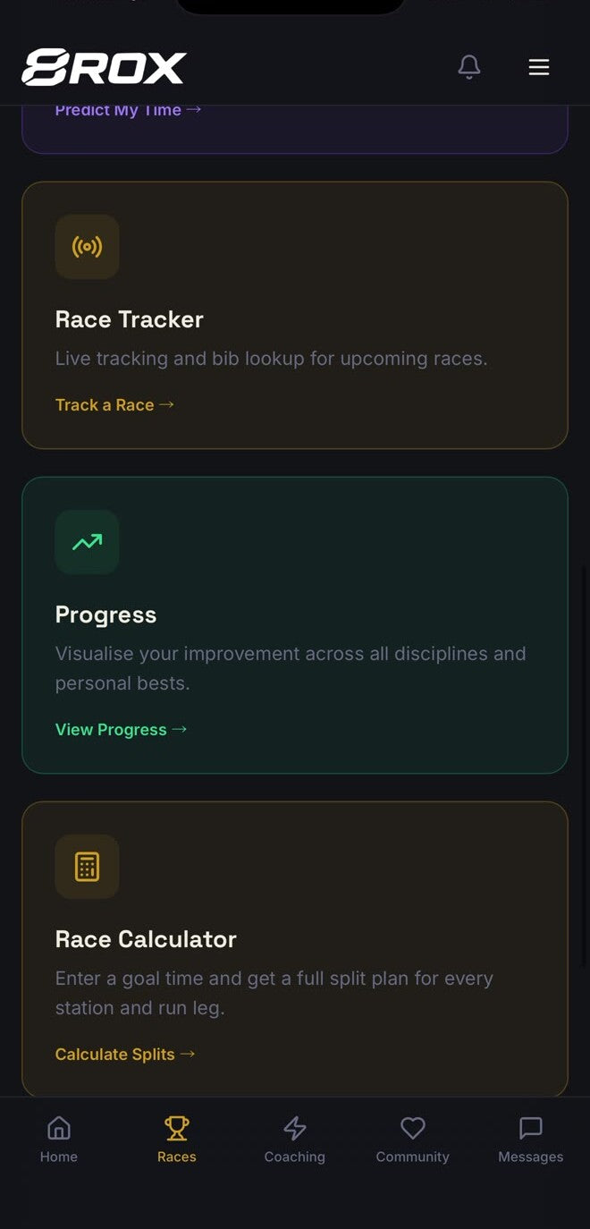 The 8ROX app race tools screen with race tracker, progress and race calculator