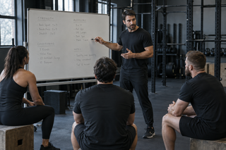 Illustrative coaching session beside a whiteboard