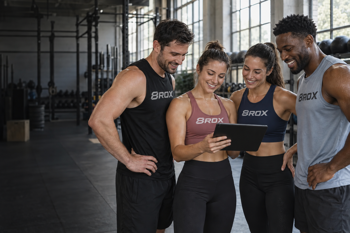 Four athletes reviewing a training report together on a tablet