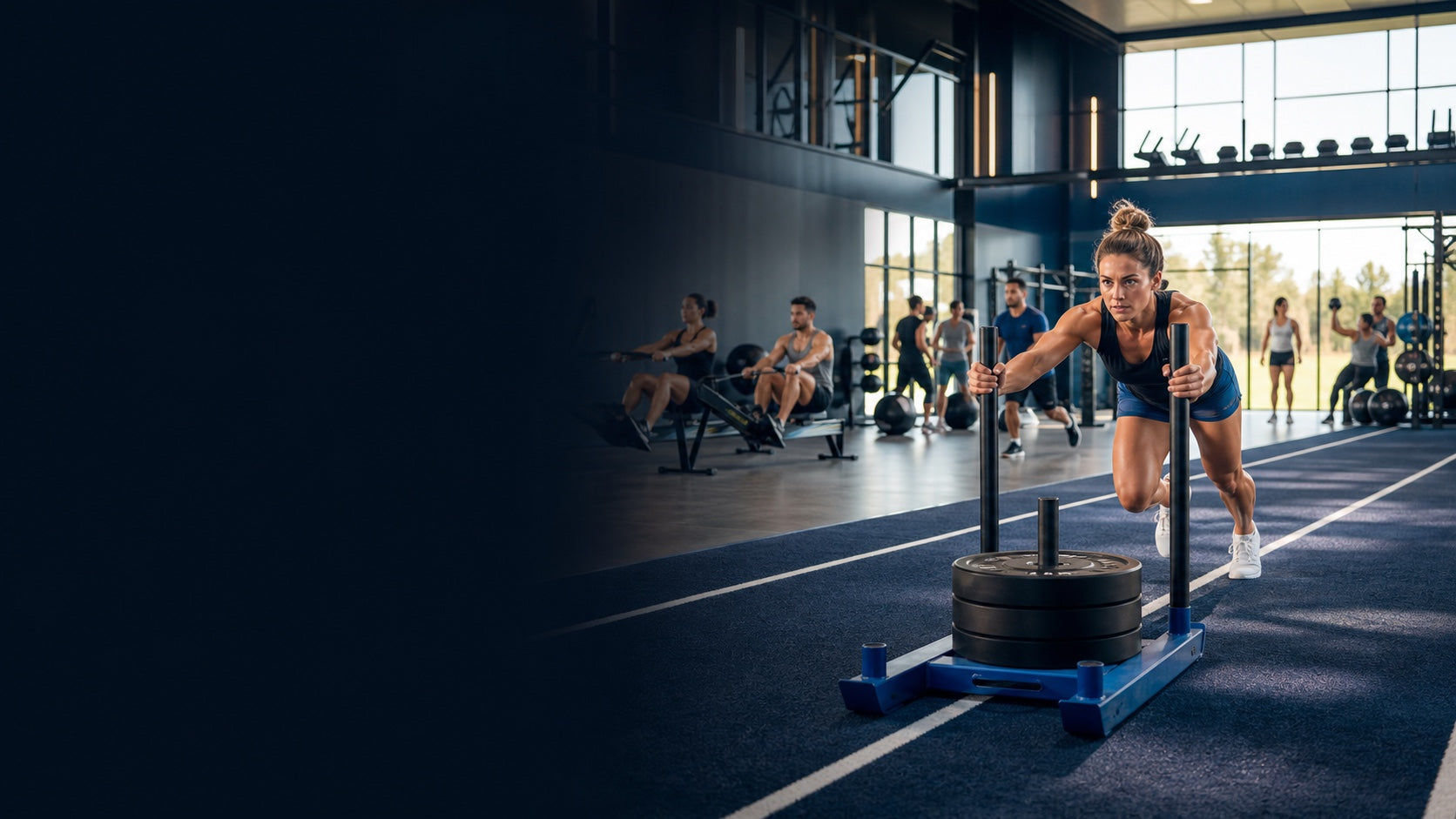 Hybrid athlete pushing a sled in a training gym